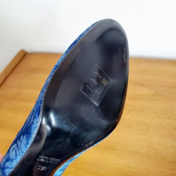 Antonia Sautter Collection Blue Velvet Damask Print Heels Shoes Handmade SZ 37