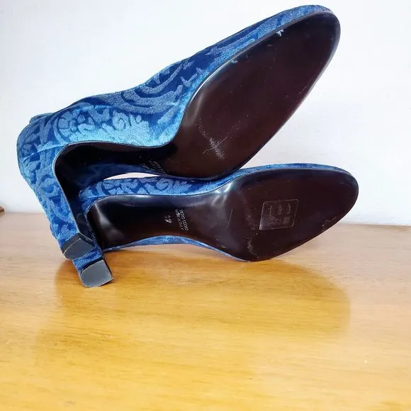 Antonia Sautter Collection Blue Velvet Damask Print Heels Shoes Handmade SZ 37