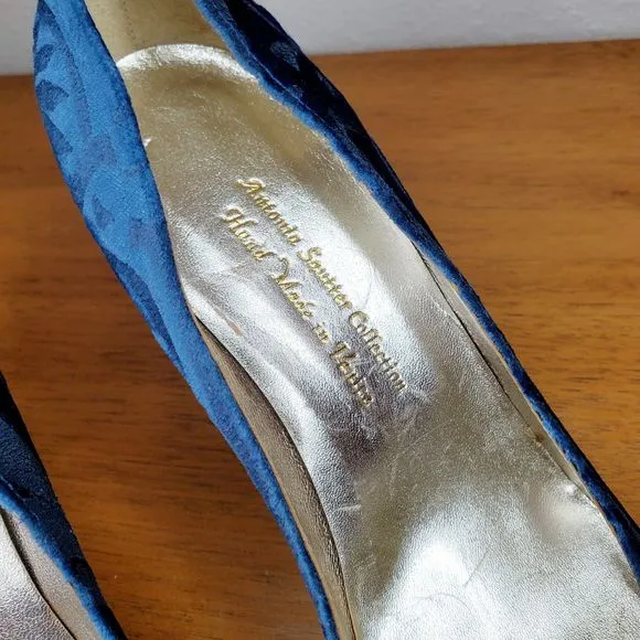 Antonia Sautter Collection Blue Velvet Damask Print Heels Shoes Handmade SZ 37