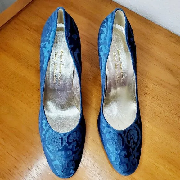 Antonia Sautter Collection Blue Velvet Damask Print Heels Shoes Handmade SZ 37