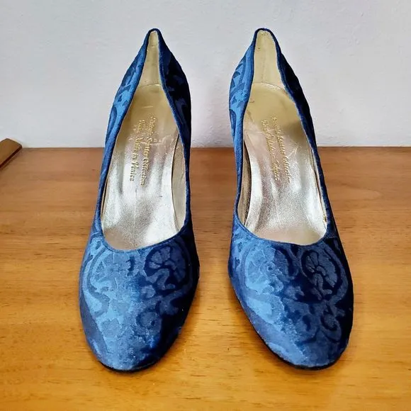 Antonia Sautter Collection Blue Velvet Damask Print Heels Shoes Handmade SZ 37