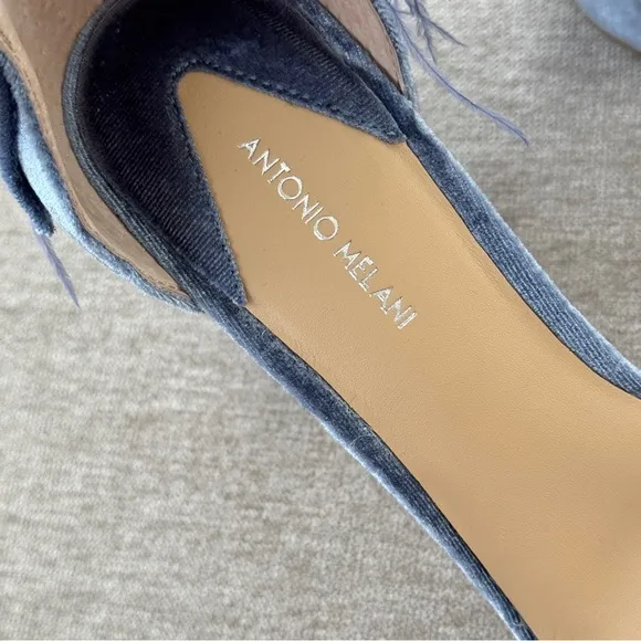 Antonio Melani Blue Velvet Bow Ostrich Feather Leather Platform Heels Stones 9.5