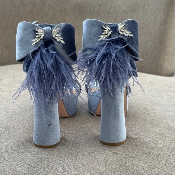 Antonio Melani Blue Velvet Bow Ostrich Feather Leather Platform Heels Stones 9.5