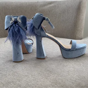 Antonio Melani Blue Velvet Bow Ostrich Feather Leather Platform Heels Stones 9.5