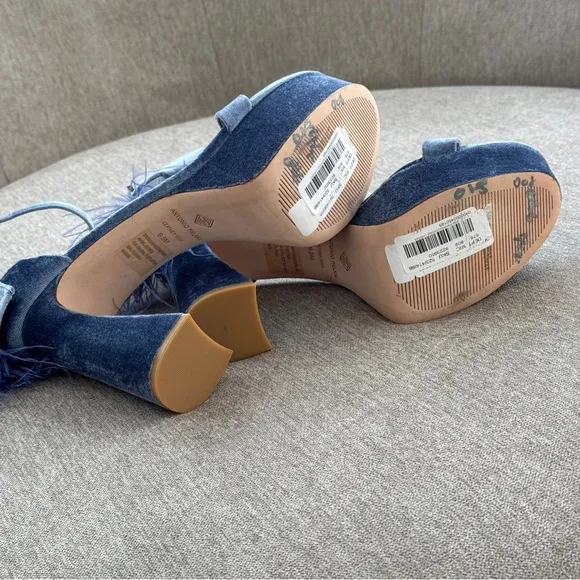 Antonio Melani Blue Velvet Bow Ostrich Feather Leather Platform Heels Stones 9.5