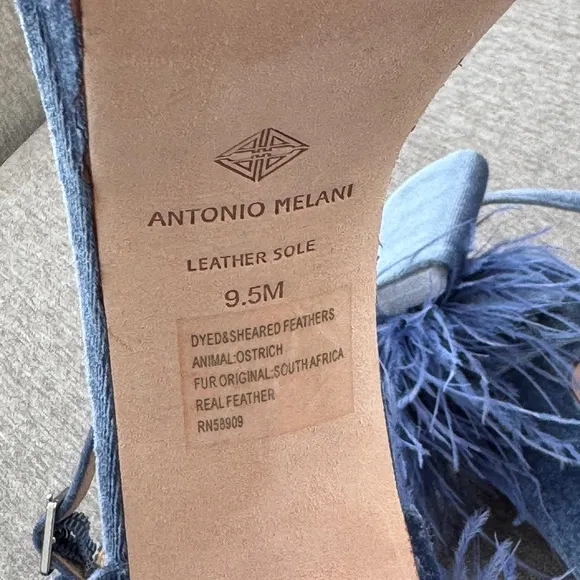 Antonio Melani Blue Velvet Bow Ostrich Feather Leather Platform Heels Stones 9.5