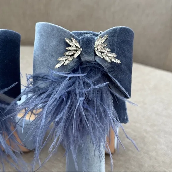 Antonio Melani Blue Velvet Bow Ostrich Feather Leather Platform Heels Stones 9.5