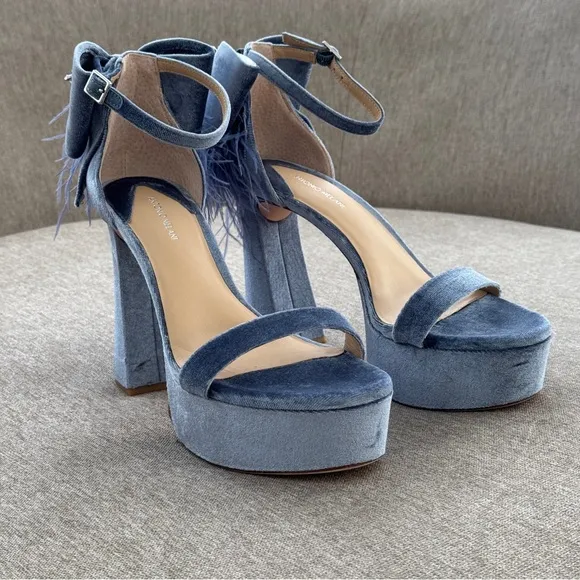 Antonio Melani Blue Velvet Bow Ostrich Feather Leather Platform Heels Stones 9.5