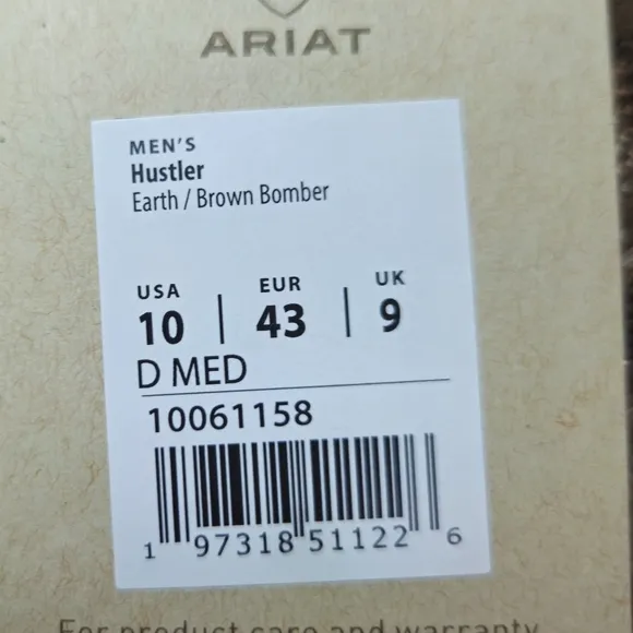 Ariat Hustler Performance Western Boots Square Toe 10061158 Men's Size 10 D