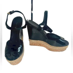 🔥🔥AUTHENTIC GUCCI PATENT LEATHER WEDGE SANDALS HEELS SHOES EUR 38 / US 8