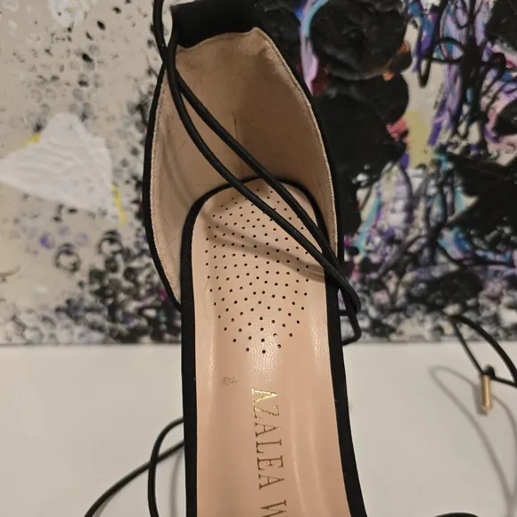 AZALEA WANG Black High Heels Ankle Wraps with Clear Vinyl Toe Strap Size 7.5