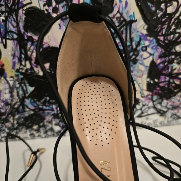 AZALEA WANG Black High Heels Ankle Wraps with Clear Vinyl Toe Strap Size 7.5