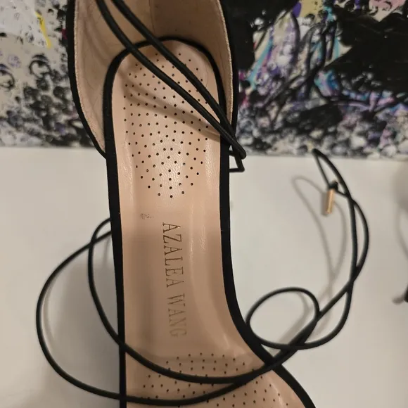 AZALEA WANG Black High Heels Ankle Wraps with Clear Vinyl Toe Strap Size 7.5