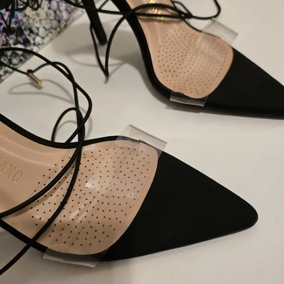 AZALEA WANG Black High Heels Ankle Wraps with Clear Vinyl Toe Strap Size 7.5
