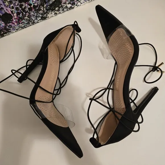 AZALEA WANG Black High Heels Ankle Wraps with Clear Vinyl Toe Strap Size 7.5