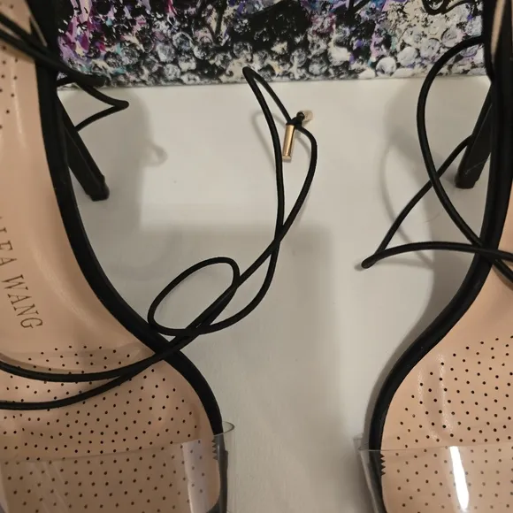 AZALEA WANG Black High Heels Ankle Wraps with Clear Vinyl Toe Strap Size 7.5