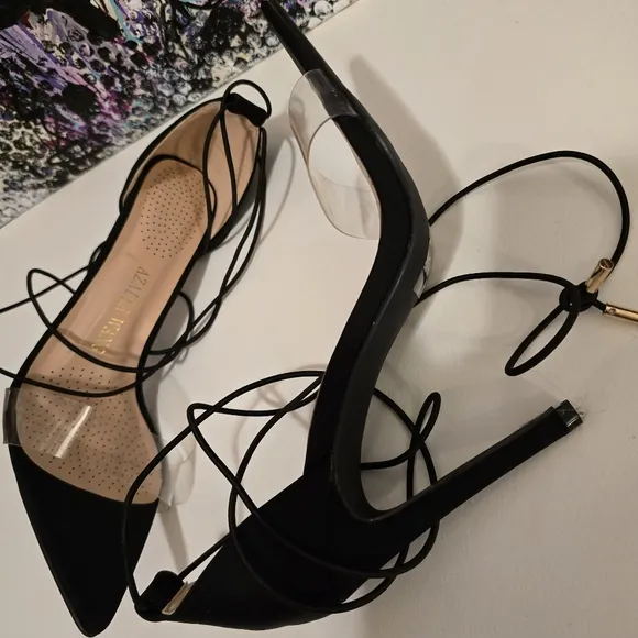 AZALEA WANG Black High Heels Ankle Wraps with Clear Vinyl Toe Strap Size 7.5