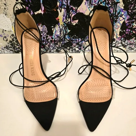 AZALEA WANG Black High Heels Ankle Wraps with Clear Vinyl Toe Strap Size 7.5