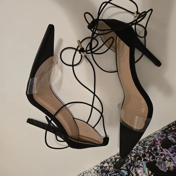 AZALEA WANG Black High Heels Ankle Wraps with Clear Vinyl Toe Strap Size 7.5