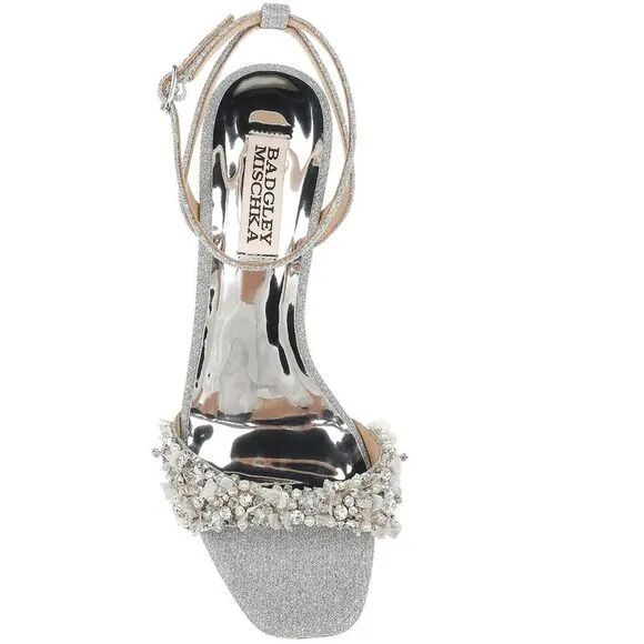 Badgley Mischka Womens Telissa Silver Embellished Ankle Strap Heels Shoes New