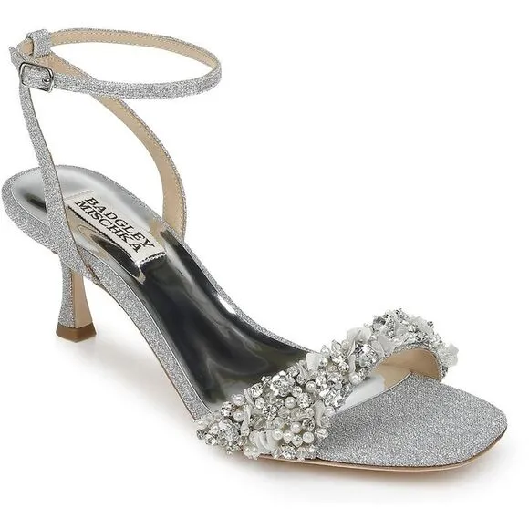 Badgley Mischka Womens Telissa Silver Embellished Ankle Strap Heels Shoes New
