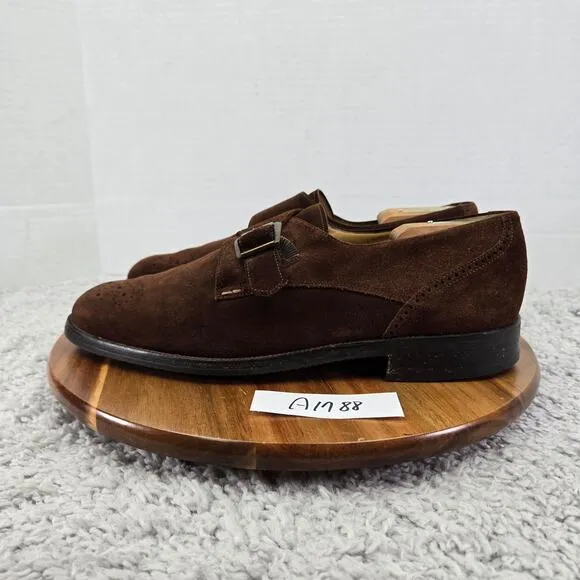 Bally Wales Brown Suede Medallion Monk Strap Loafer Dress Shoes Mens 10.5 EEE
