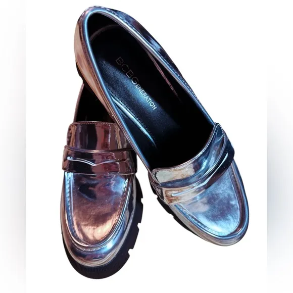 BCBGeneration Silver Metallic Flats with Classic Loafer Design