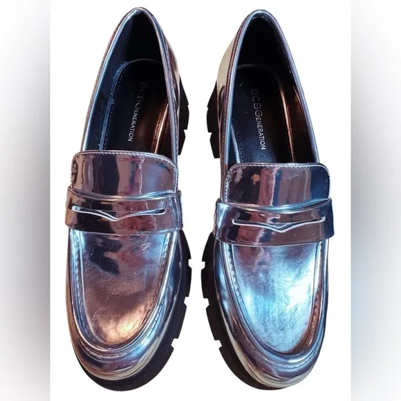 BCBGeneration Silver Metallic Flats with Classic Loafer Design