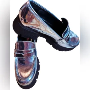 BCBGeneration Silver Metallic Flats with Classic Loafer Design