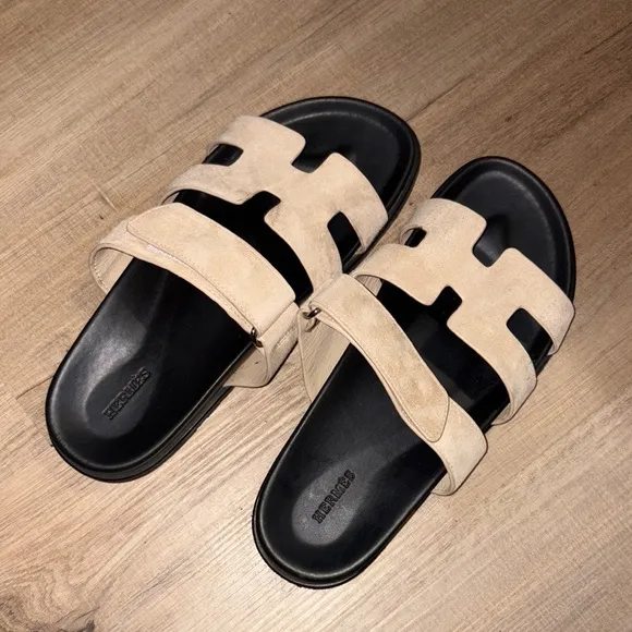 Beige and Black Sandals