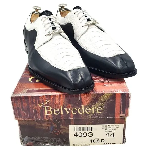 Belvedere Men size 10.5 Genuine Ostrich Black White Spectator Oxford dress shoes