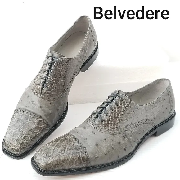Belvedere Onesto II Grey Genuine Ostrich / Crocodile  Oxford Dress Shoes