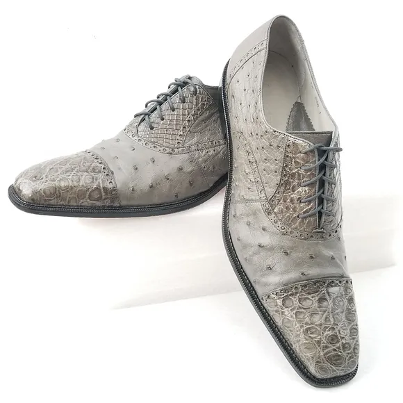 Belvedere Onesto II Grey Genuine Ostrich / Crocodile  Oxford Dress Shoes