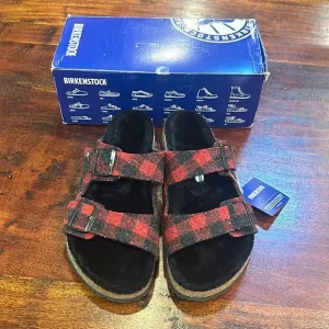 Birkenstock Arizona Rivet Plaid Red Fuzzy Wool Sandals 44 NIB