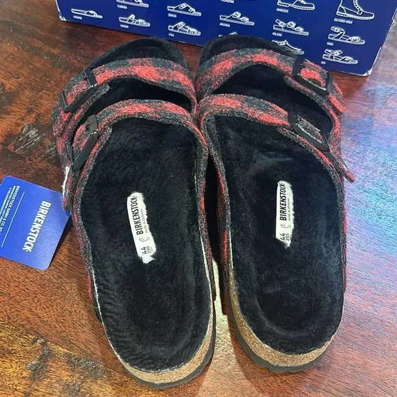 Birkenstock Arizona Rivet Plaid Red Fuzzy Wool Sandals 44 NIB
