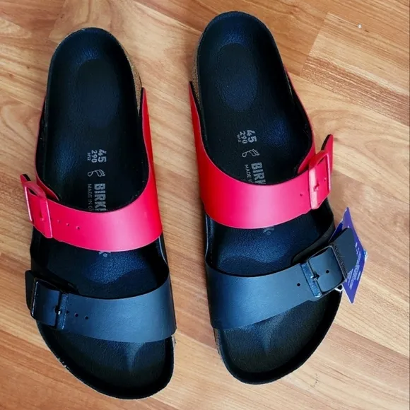 Birkenstock Arizona Split Red &amp; Black Colorblock Unisex Sandals size EUR 45 NWT