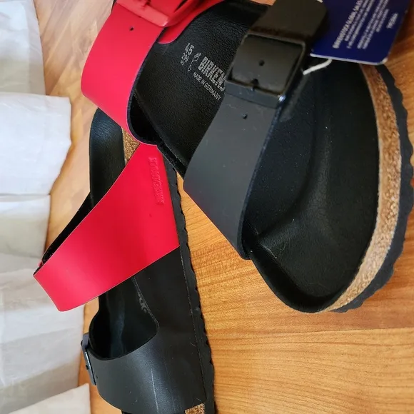 Birkenstock Arizona Split Red &amp; Black Colorblock Unisex Sandals size EUR 45 NWT