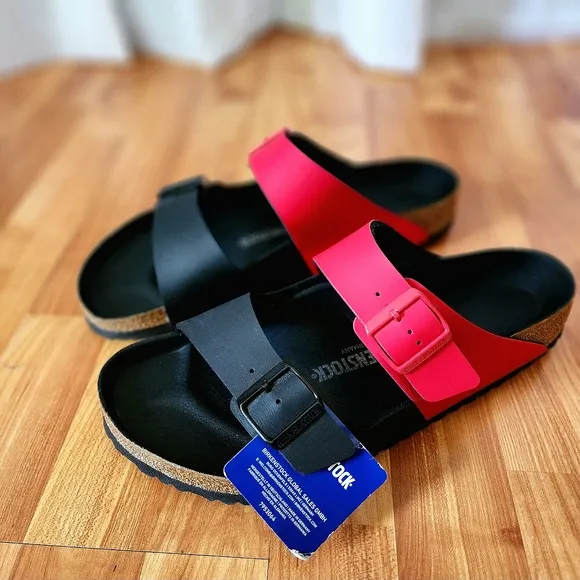 Birkenstock Arizona Split Red &amp; Black Colorblock Unisex Sandals size EUR 45 NWT