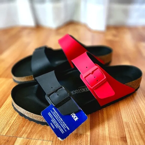 Birkenstock Arizona Split Red &amp; Black Colorblock Unisex Sandals size EUR 45 NWT