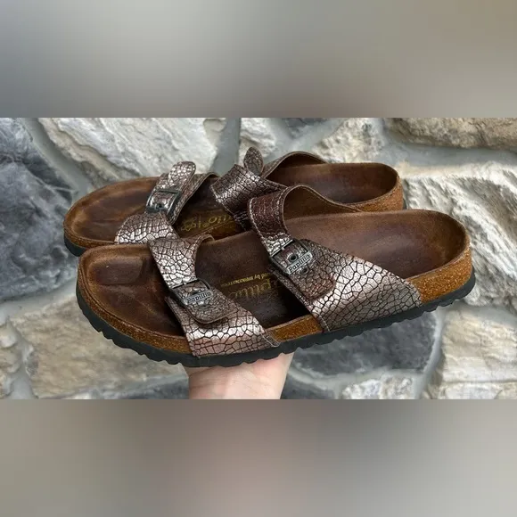 Birkenstock Papillio Sydney Sandals Womens 9 (40) Metallic Taupe Silver Slip On