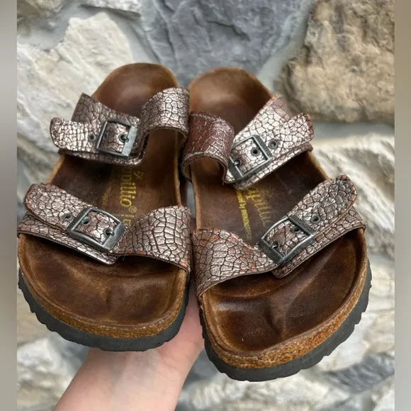Birkenstock Papillio Sydney Sandals Womens 9 (40) Metallic Taupe Silver Slip On