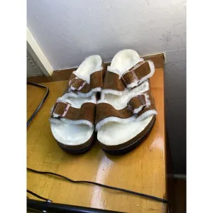 Birkenstock Shearling Arizona Suede Sandals Size 12 Narrow Brown/White