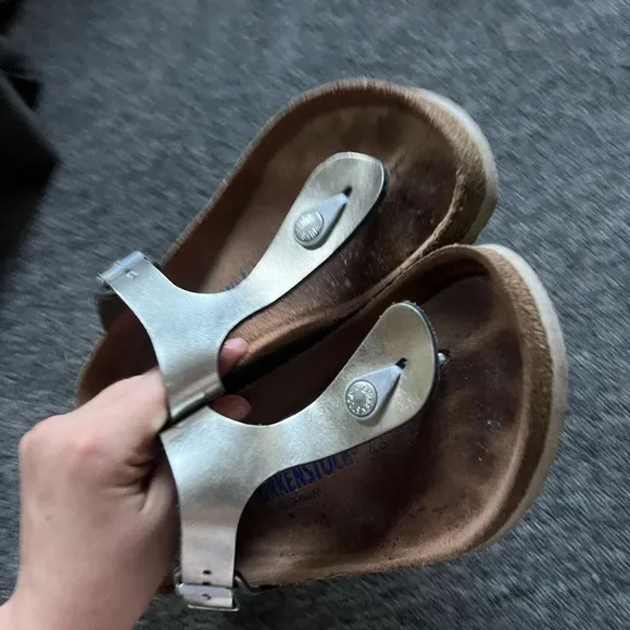 Birkenstock Silver Gizeh Sandals, size 38