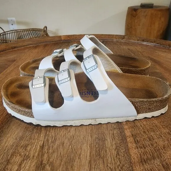 Birkenstock White  Leather Florida 3 Buckle Slide Sandals Womens 6 / EU 39