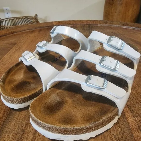 Birkenstock White  Leather Florida 3 Buckle Slide Sandals Womens 6 / EU 39