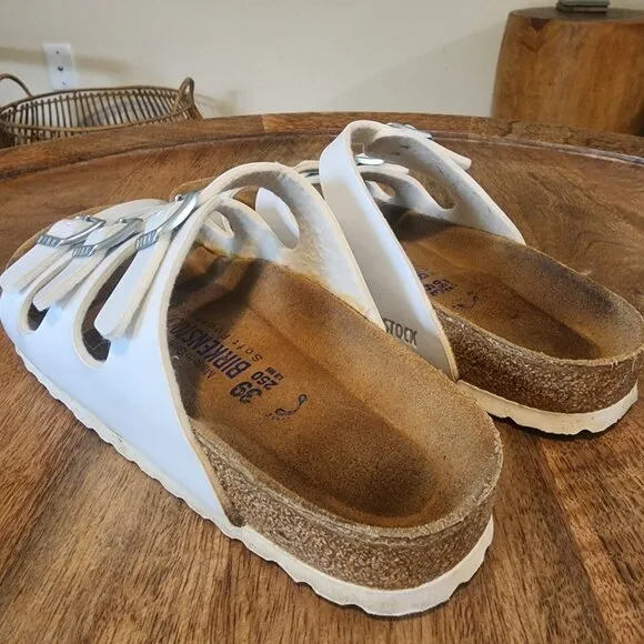 Birkenstock White  Leather Florida 3 Buckle Slide Sandals Womens 6 / EU 39