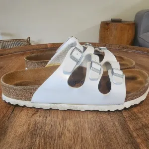 Birkenstock White  Leather Florida 3 Buckle Slide Sandals Womens 6 / EU 39