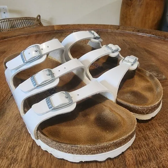 Birkenstock White  Leather Florida 3 Buckle Slide Sandals Womens 6 / EU 39