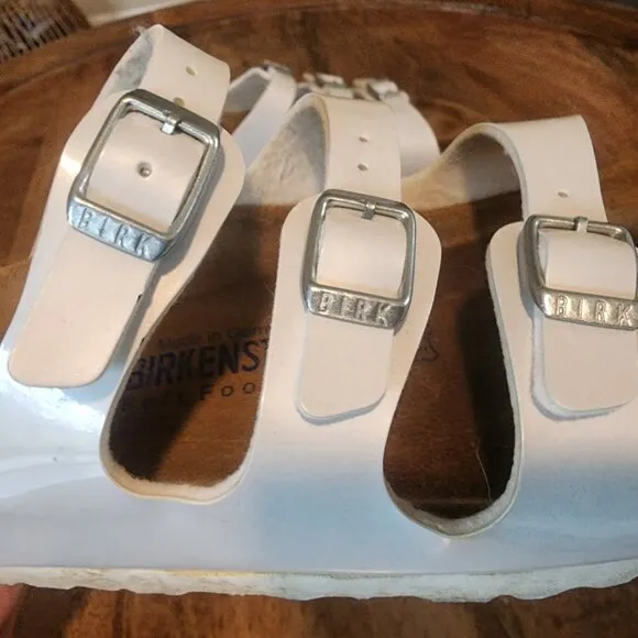 Birkenstock White  Leather Florida 3 Buckle Slide Sandals Womens 6 / EU 39