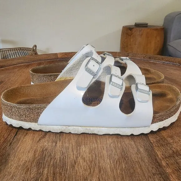Birkenstock White  Leather Florida 3 Buckle Slide Sandals Womens 6 / EU 39
